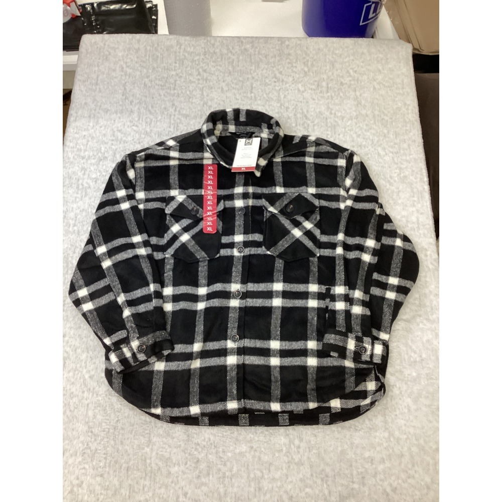 Members Mark Womens Shacket XL Black White Plaid Button Up Flannel Jacket New